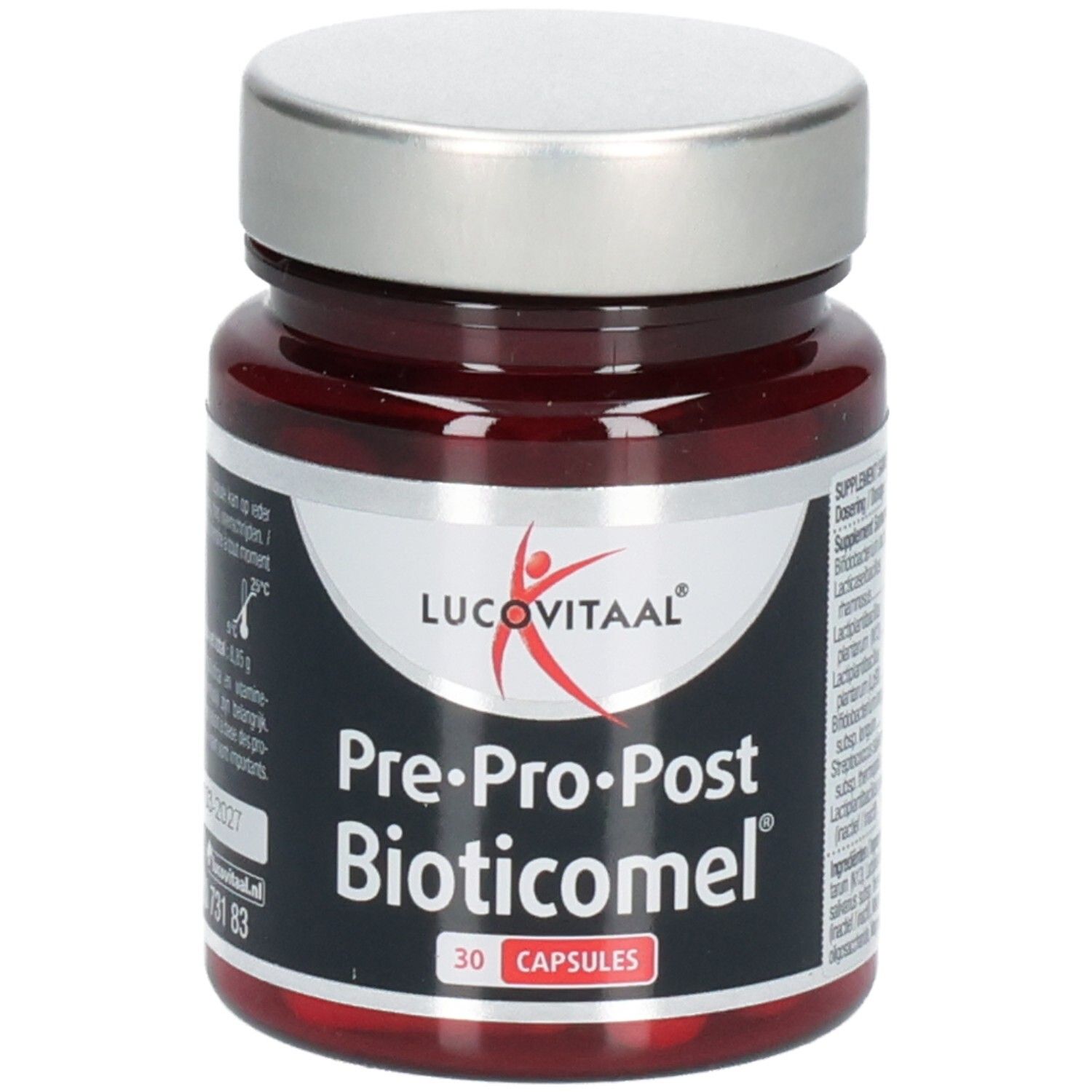 Flacon en verre brun avec bouchon argenté contenant des gélules. Inscription: Lucovitaal, Pre-Pro-Post Bioticomel, 30 gélules.