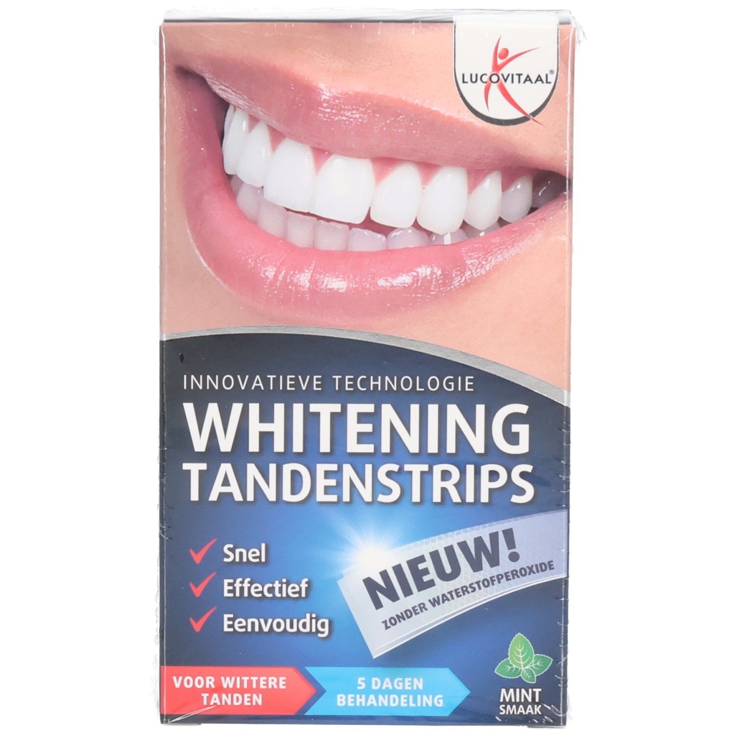 Boîte de bandes blanchissantes. Inscription : Whitening Tandemstrips. Logo : Lucovitaal. Contient un traitement de 5 jours.