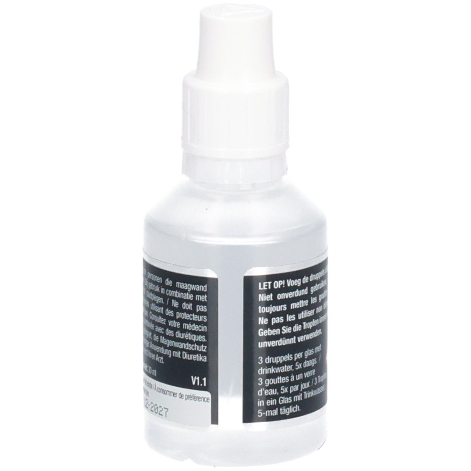 Flacon transparent avec bouchon blanc. Étiquette avec informations produit et dosage.