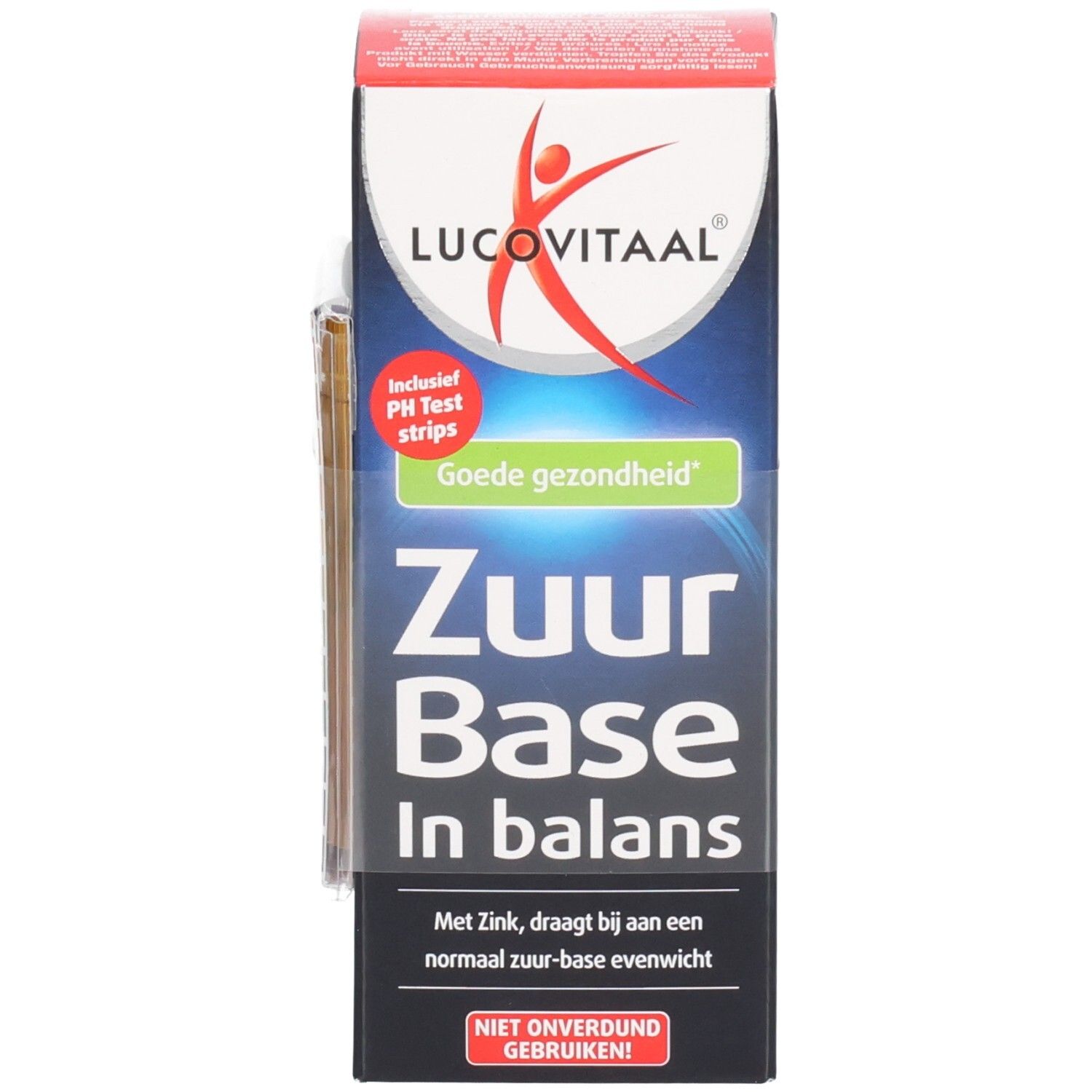 Emballage du produit avec logo, nom du produit et bandelettes de test pH. Combinaison de couleurs rouge et blanc.