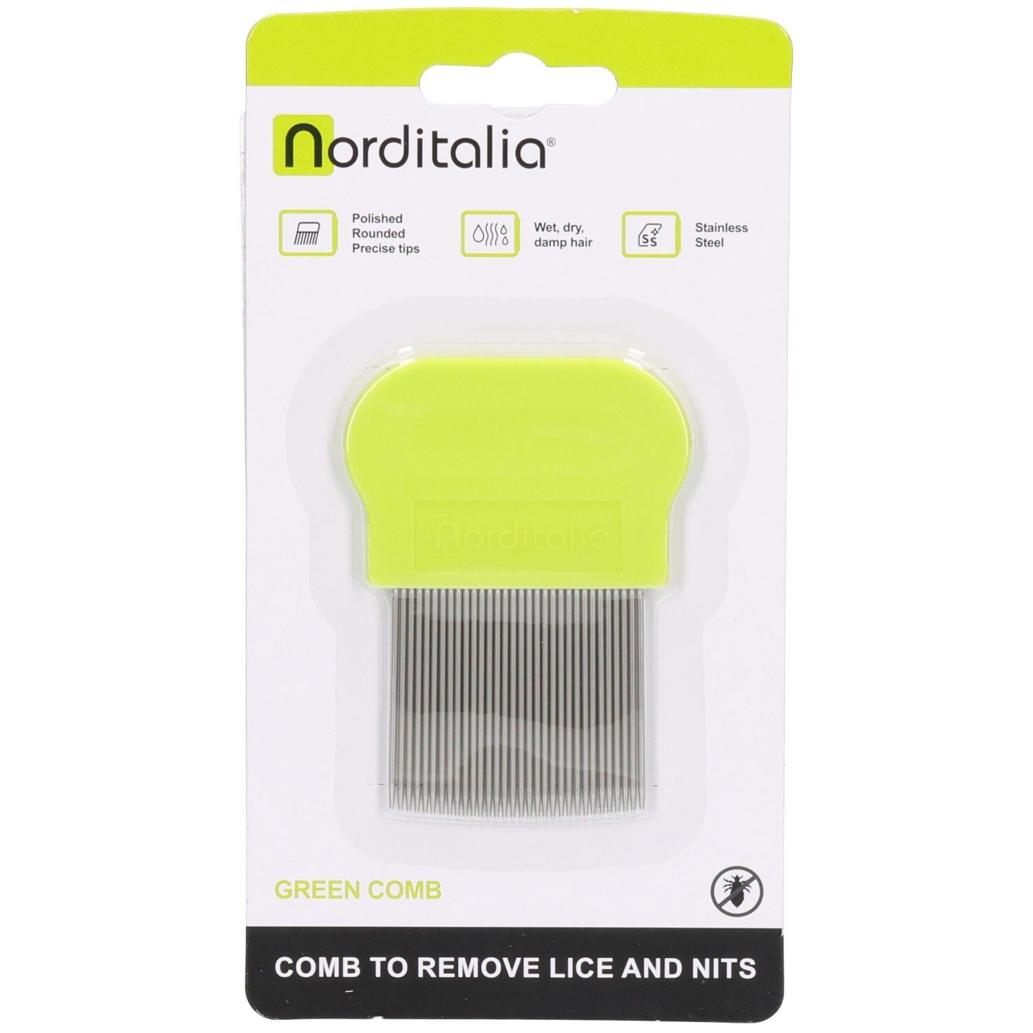 Peigne vert en métal, emballage. Marque Norditalia. Acier inoxydable, pointes arrondies. Texte: Green Comb, Comb to remove lice and nits.