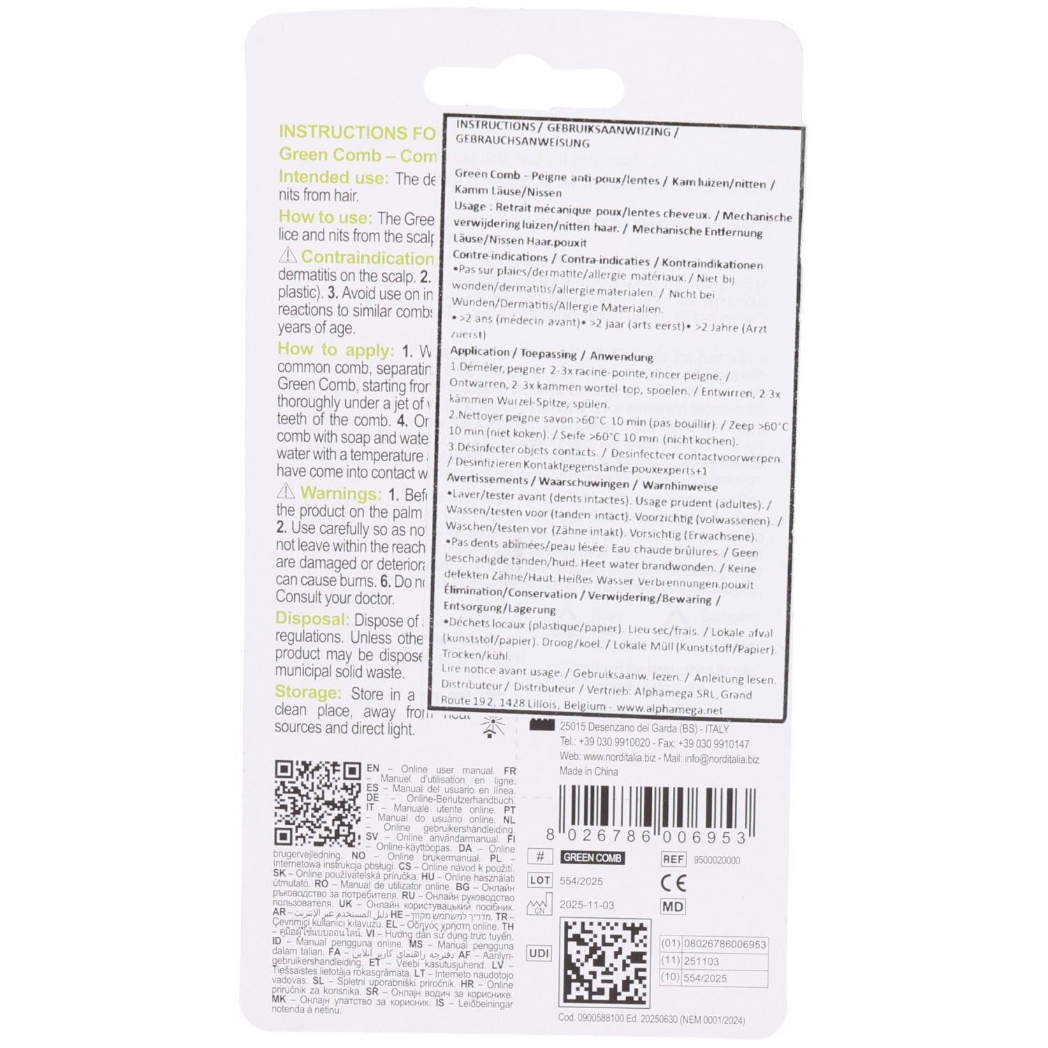 Dos de l'emballage. Texte: Green Comb, mode d'emploi, utilisation, ingrédients, informations fabricant, numéro de lot, code-barres.