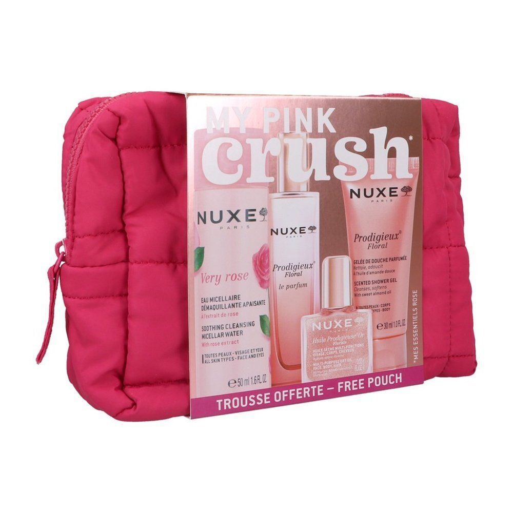 Arrière de la trousse Nuxe My Pink Crush avec informations produit et logos.