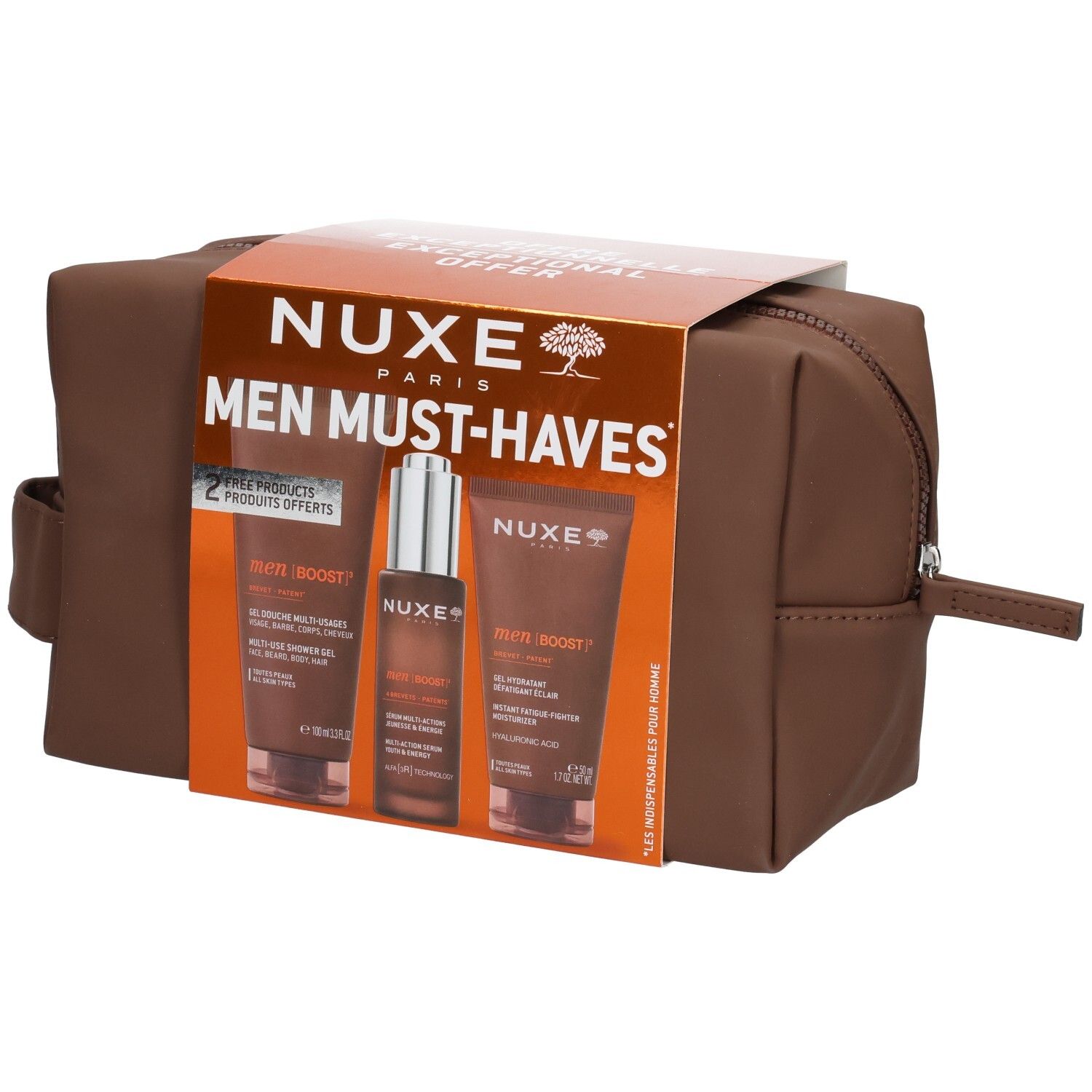 Trousse Nuxe Men Must-Haves avec trois produits de soin.