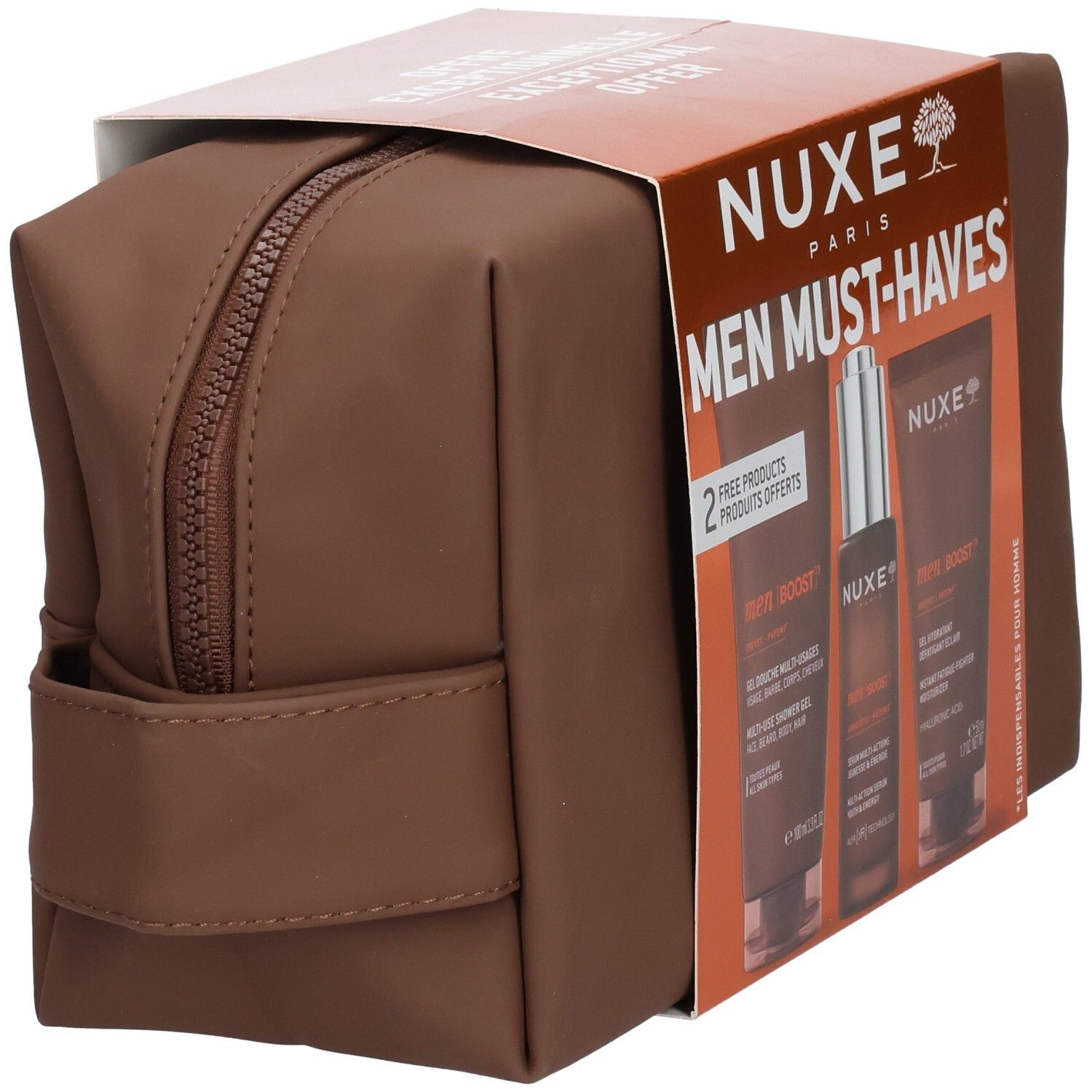 Trousse Nuxe Men Must-Haves, vue latérale avec trois produits de soin.