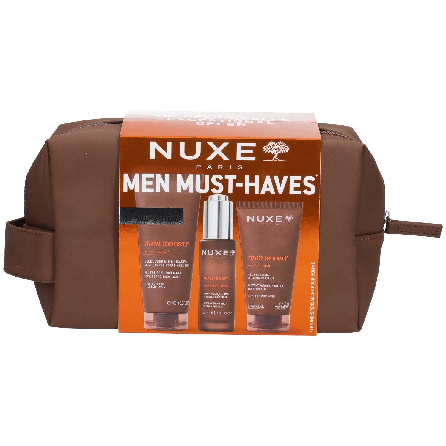 Trousse Nuxe Men Must-Haves avec trois produits de soin, vue de face.