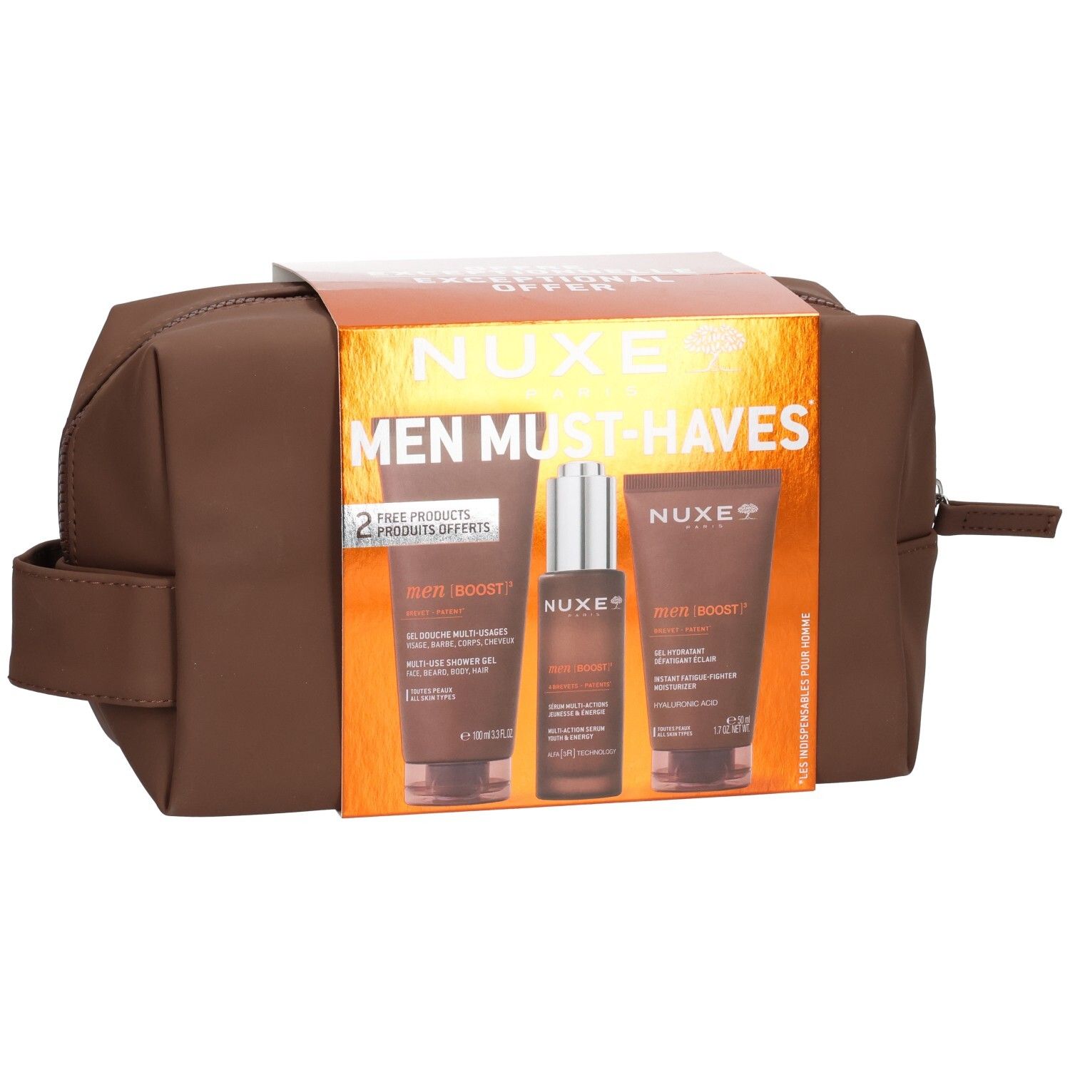 Trousse Nuxe Men Must-Haves avec trois produits de soin, vue de face.
