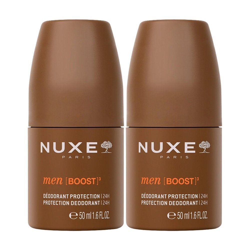 Deux déodorants roll-on Nuxe Men Boost 50ml côte à côte, avec inscription 'Protection Déodorant 24H'.