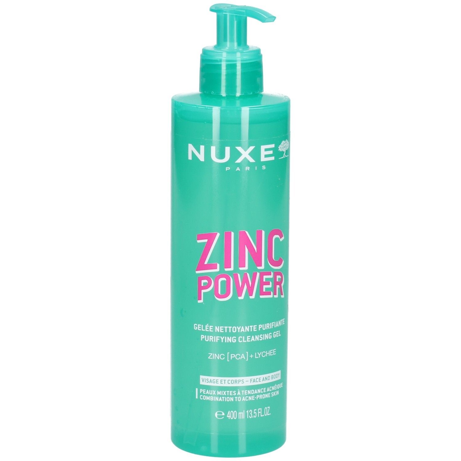 Gel nettoyant Nuxe Zinc Power dans un flacon turquoise avec pompe.