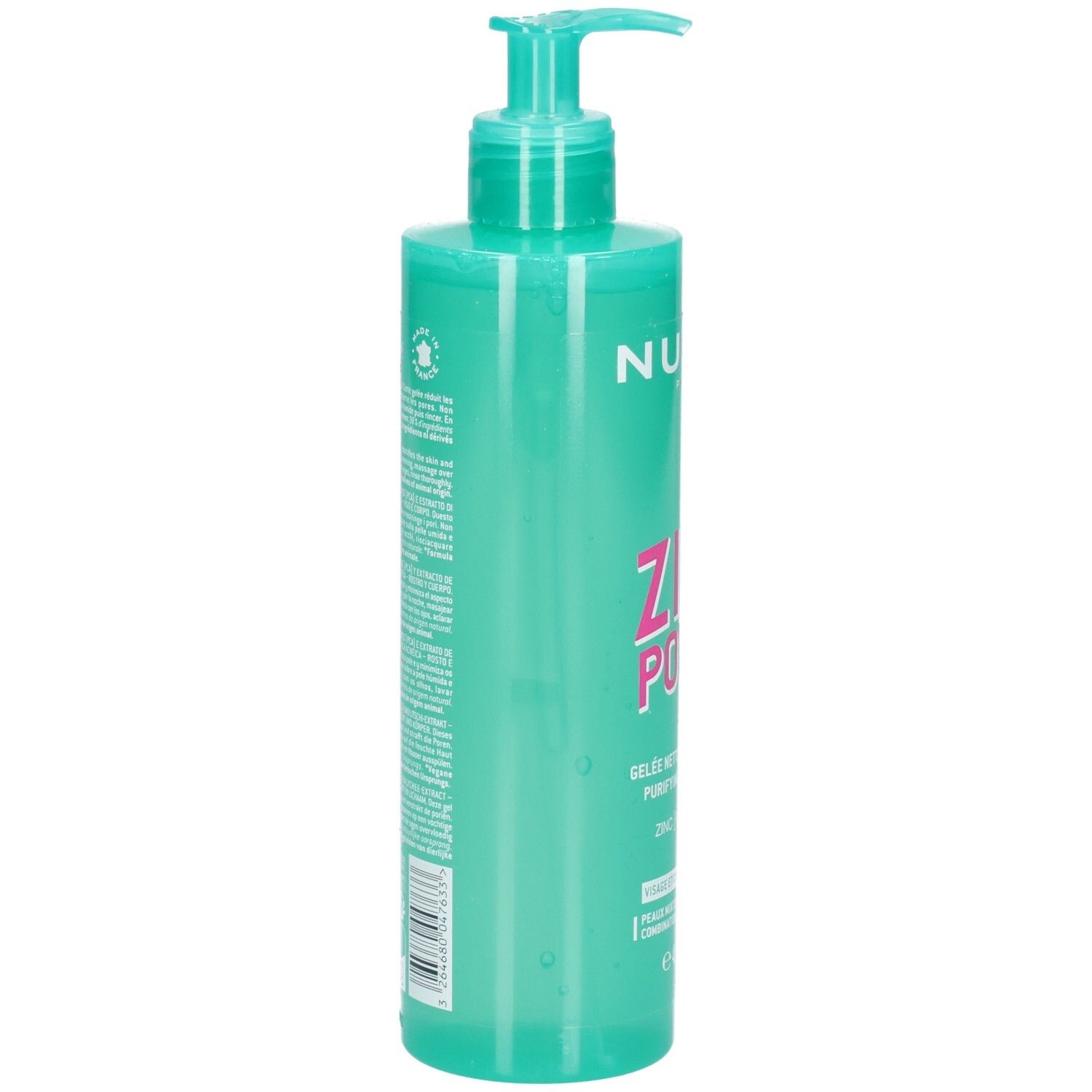 Gel nettoyant Nuxe Zinc Power, vue latérale du flacon turquoise avec pompe.