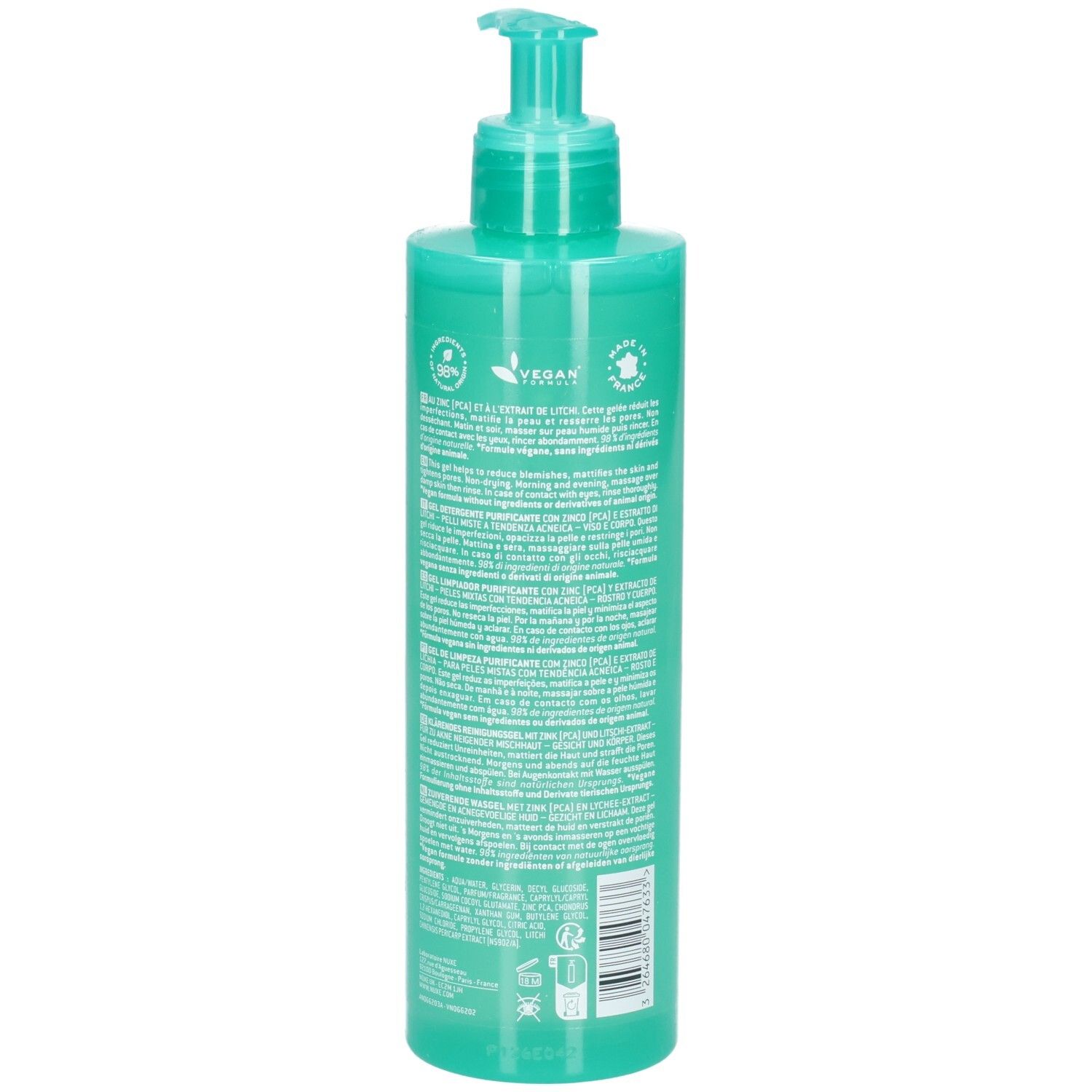 Arrière du flacon de gel nettoyant Nuxe Zinc Power avec ingrédients et labels.