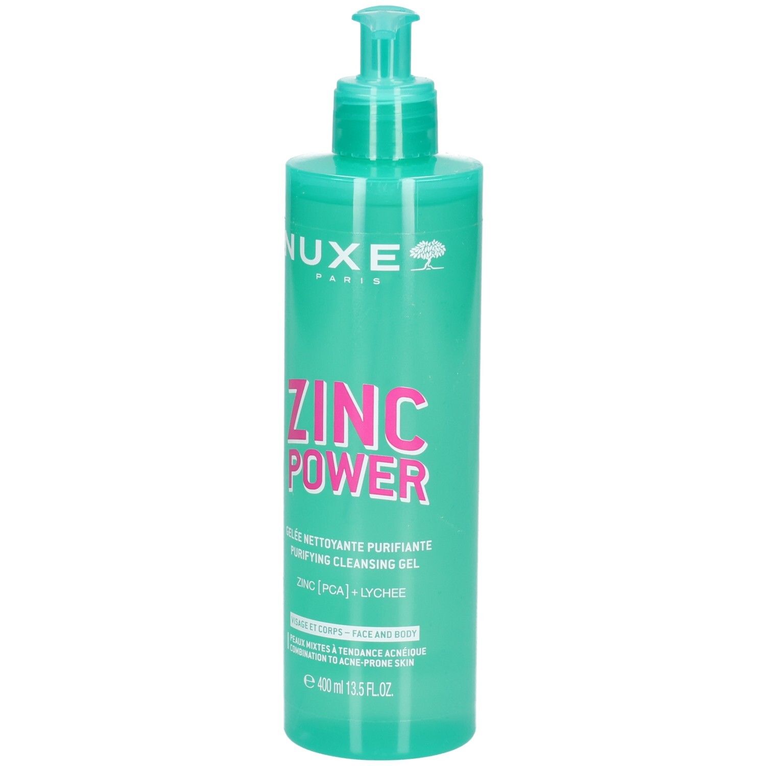 Gel nettoyant Nuxe Zinc Power dans un flacon turquoise avec pompe, vue de face.