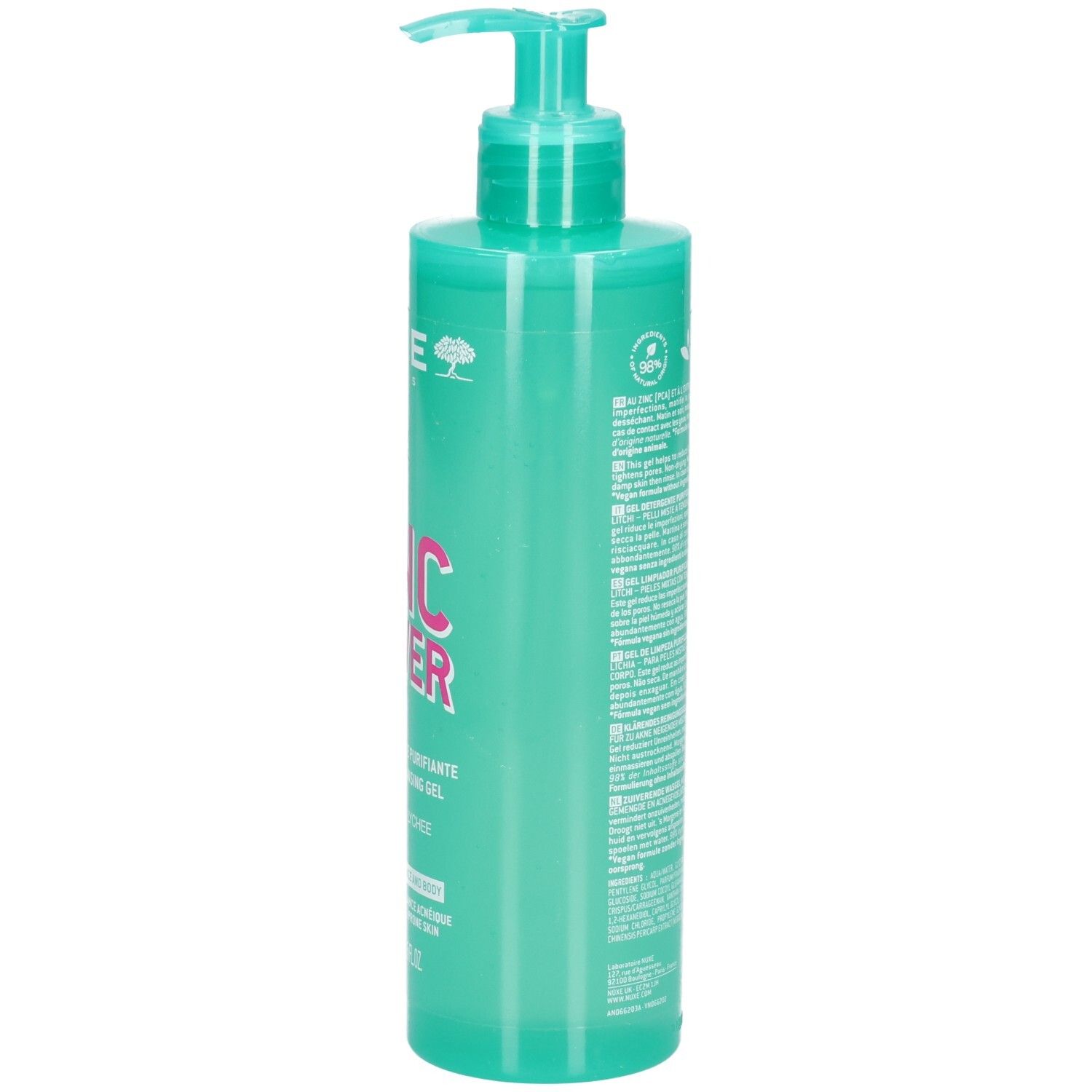 Vue latérale du flacon de gel nettoyant Nuxe Zinc Power avec pompe.