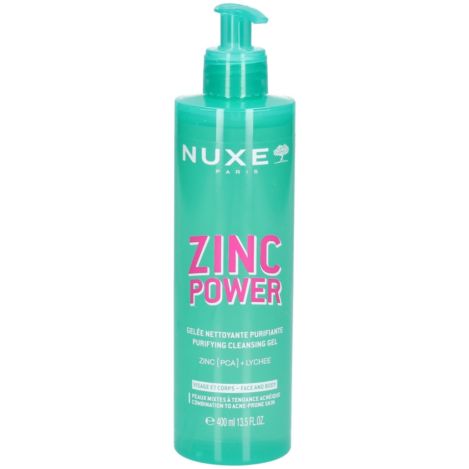 Gel nettoyant Nuxe Zinc Power dans un flacon turquoise avec pompe, légèrement en biais.
