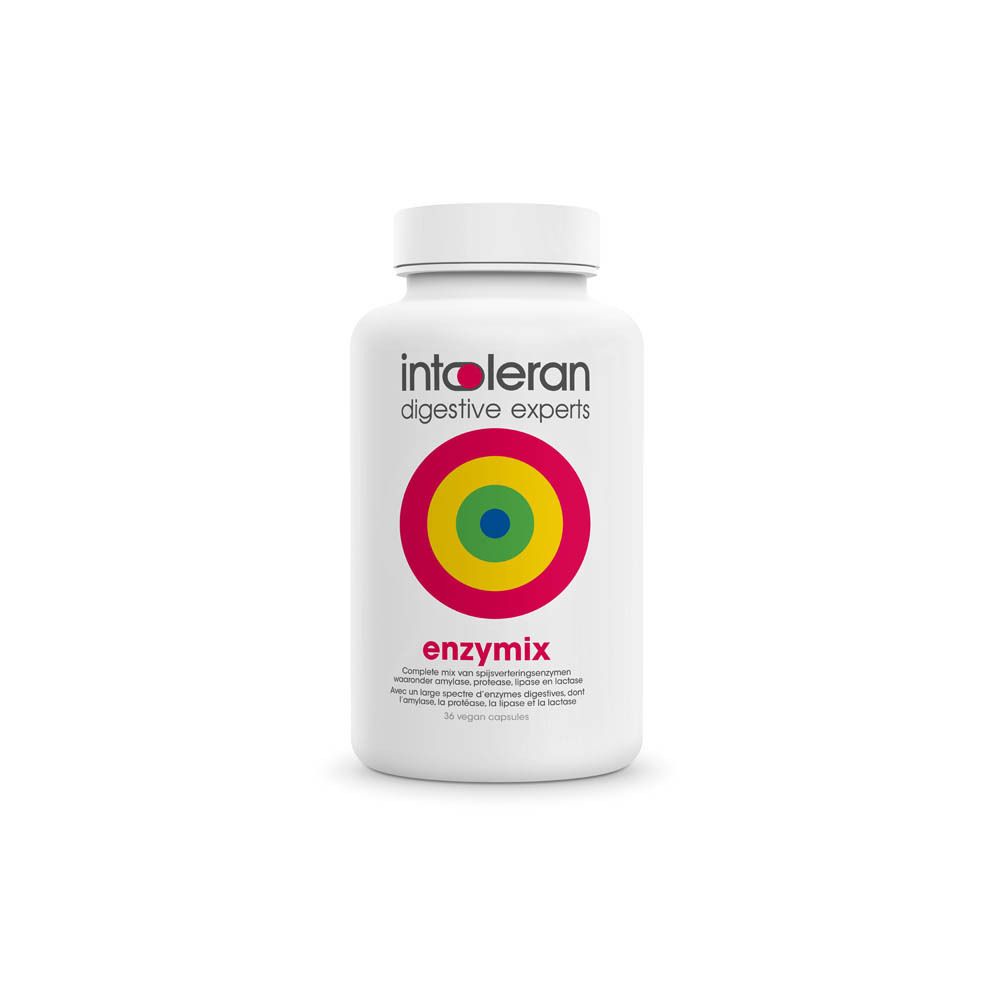 Boîte de capsules Intoleran Enzymix avec logo circulaire concentrique et informations produit.