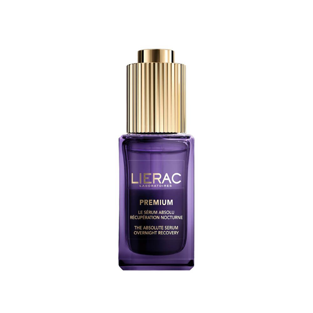 Flacon Lierac Premium Le Sérum Absolu Récupération Nocturne avec pipette, verre violet, bouchon doré.