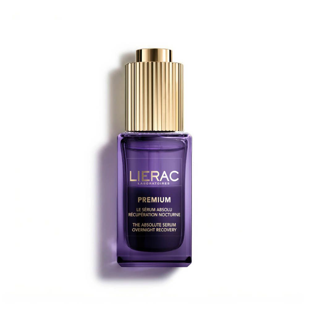Flacon Lierac Premium Le Sérum Absolu Récupération Nocturne avec pipette, verre violet, bouchon doré.