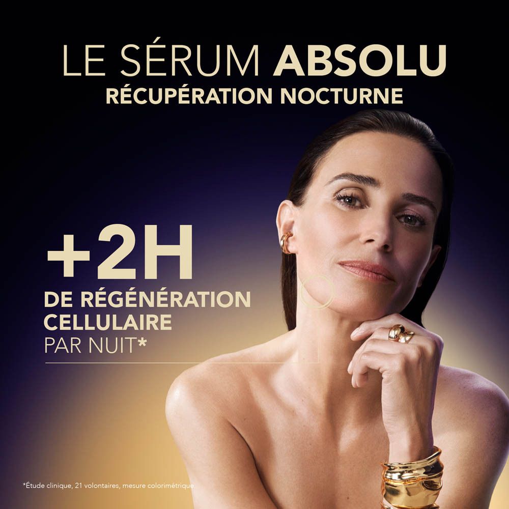 Flacon Lierac Premium Le Sérum Absolu Récupération Nocturne avec pipette, verre violet, bouchon doré.