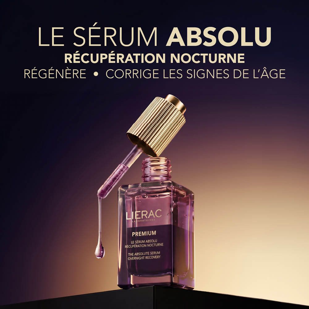Flacon Lierac Premium Le Sérum Absolu Récupération Nocturne avec pipette, verre violet, bouchon doré.