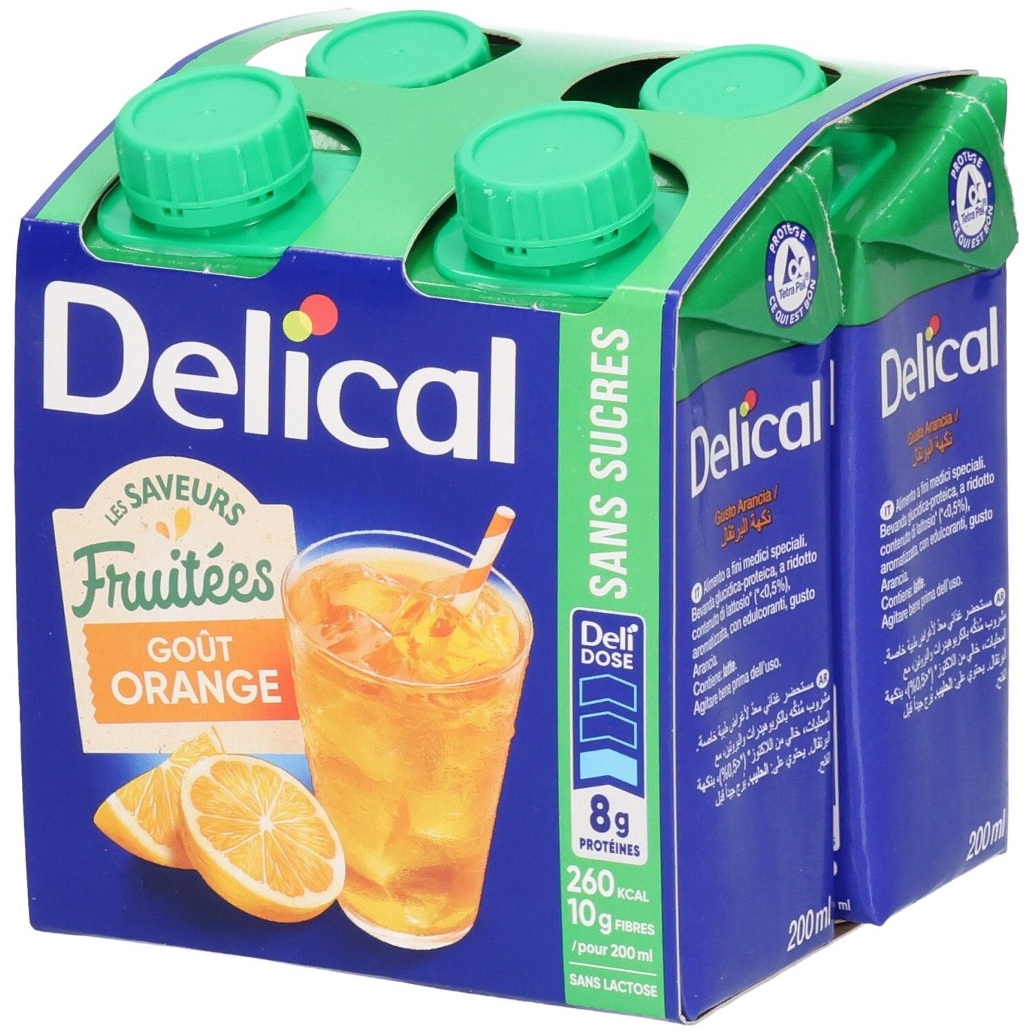 Emballage de quatre Delical Fruitdrink. Goût orange, sans sucres. Illustration d'une boisson avec tranches d'orange.