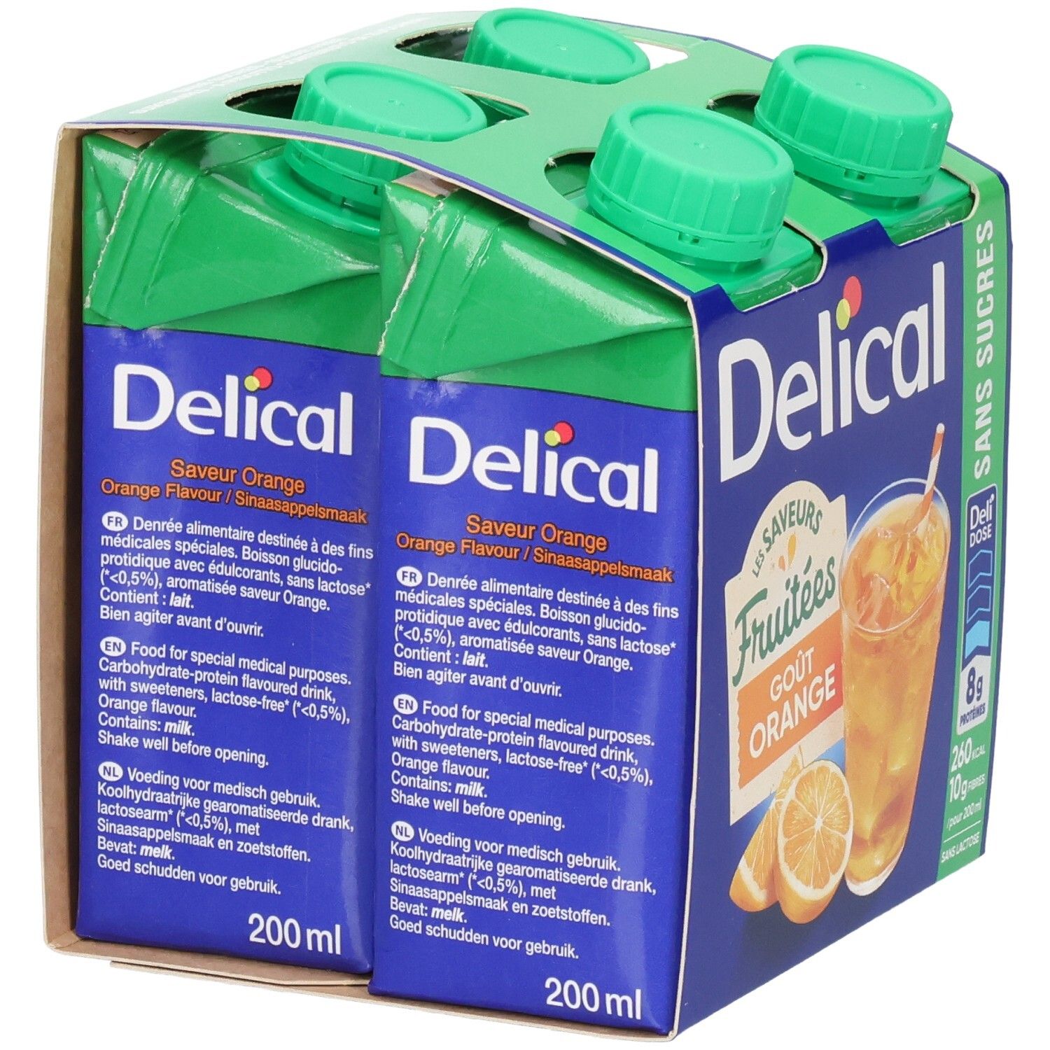 Emballage de quatre Delical Fruitdrink. Goût orange, sans sucres. Deux emballages de boisson visibles.