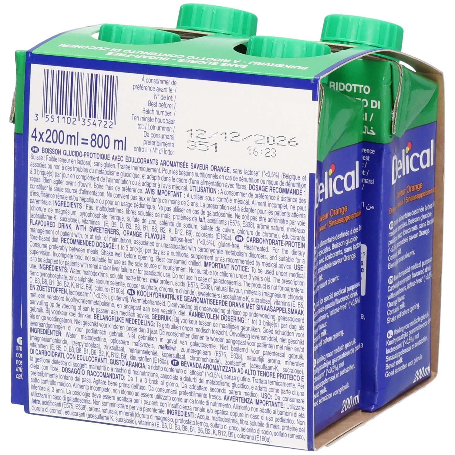 Dos de l'emballage de quatre Delical Fruitdrink. Texte multilingue, date de péremption.