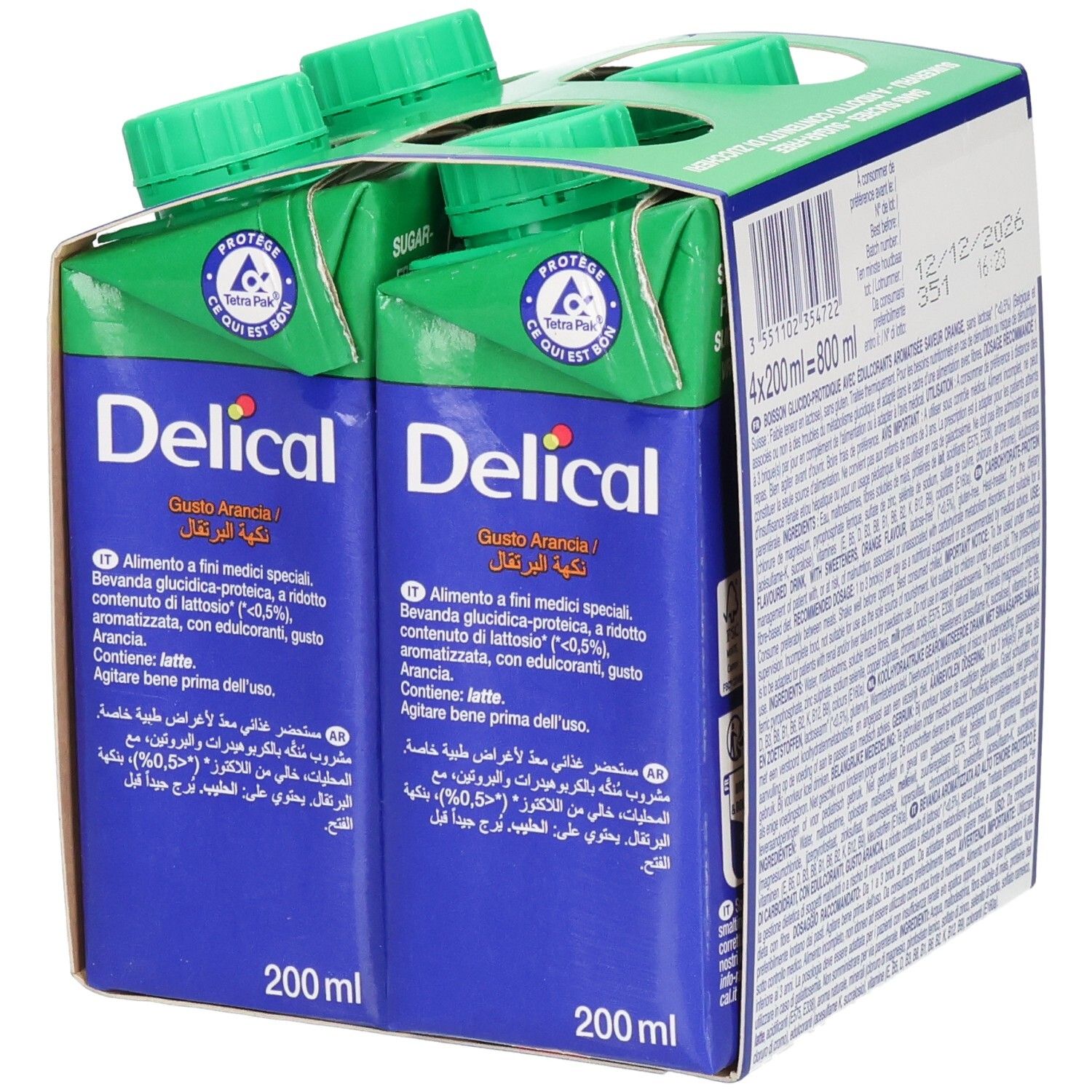 Dos de l'emballage de quatre Delical Fruitdrink. Texte multilingue, date de péremption.
