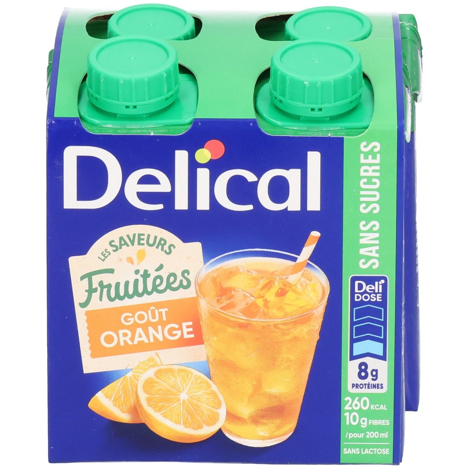 Emballage de quatre Delical Fruitdrink. Goût orange, sans sucres. Illustration d'une boisson avec tranches d'orange.