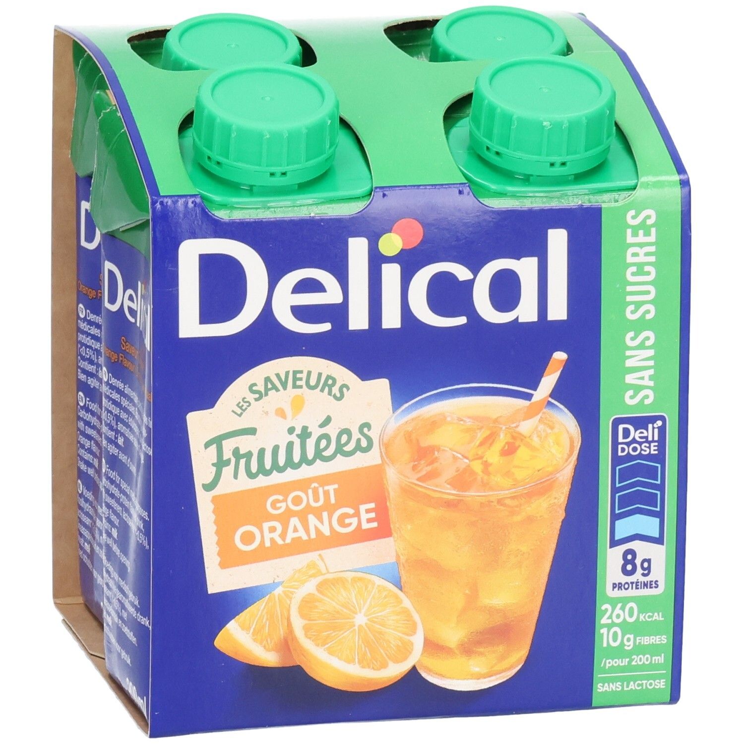 Emballage de quatre Delical Fruitdrink. Goût orange, sans sucres. Illustration d'une boisson avec tranches d'orange.