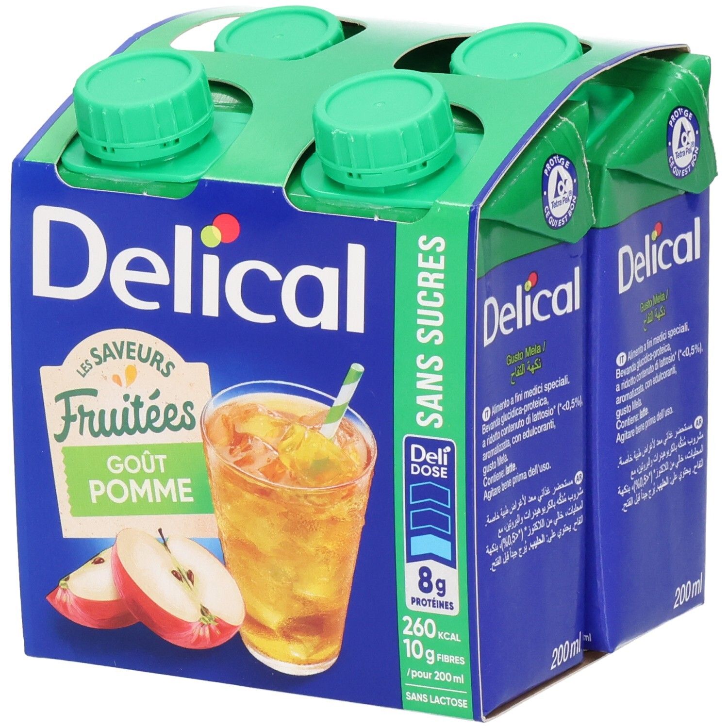 Emballage de quatre boissons. Delical Fruitdrink, goût pomme, sans sucres. Bouchons verts, emballage bleu.