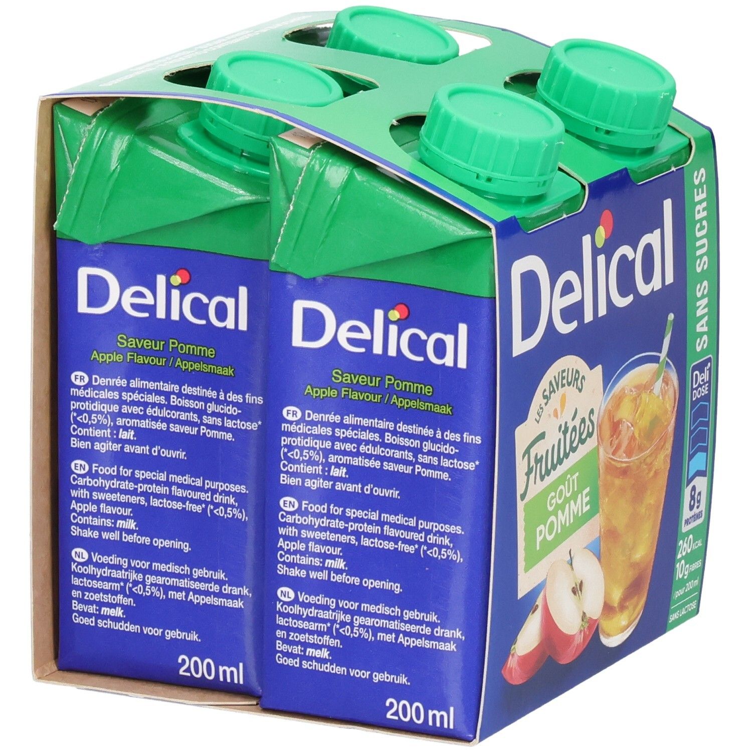Emballage de deux boissons. Delical Fruitdrink, goût pomme, sans sucres. Bouchons verts, emballage bleu.