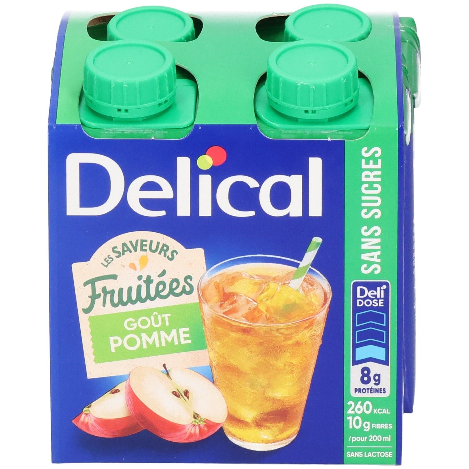 Emballage de quatre boissons. Delical Fruitdrink, goût pomme, sans sucres. Bouchons verts, emballage bleu.