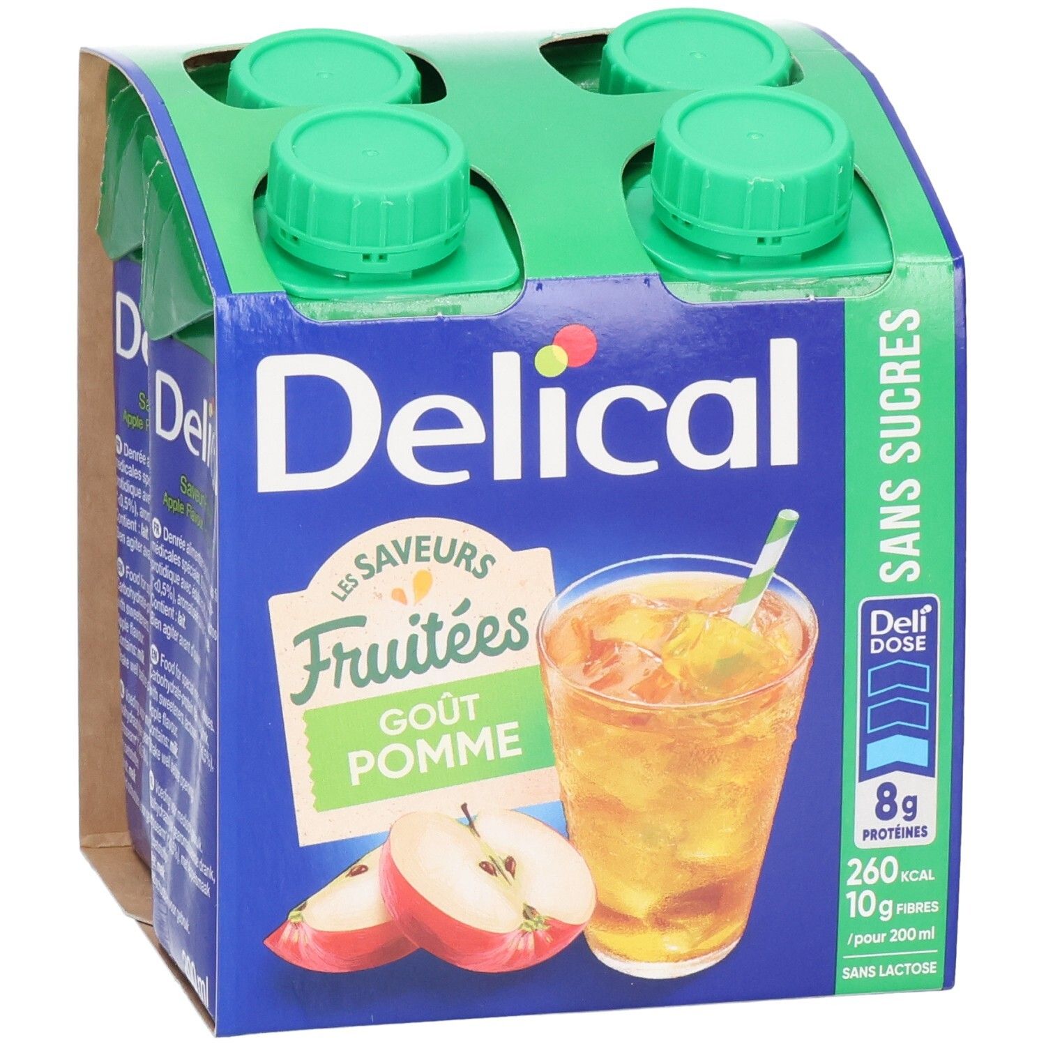 Emballage de quatre boissons. Delical Fruitdrink, goût pomme, sans sucres. Bouchons verts, emballage bleu.