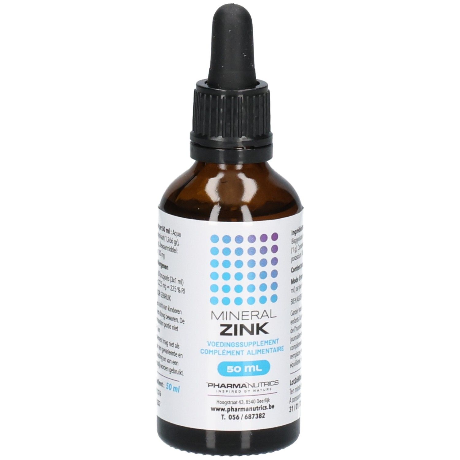 Flacon en verre brun avec pipette, étiquette indiquant 'MINERAL ZINK' et '50 ML'.