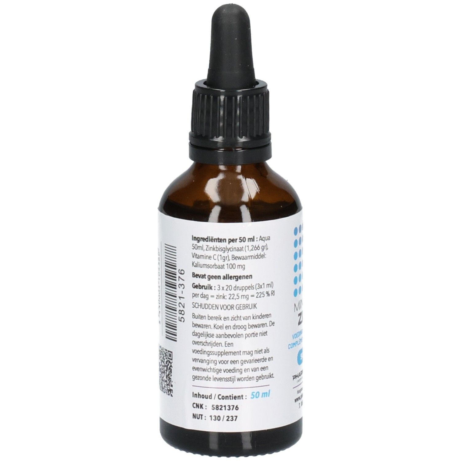 Arrière d'une bouteille avec liste d'ingrédients et instructions de dosage.