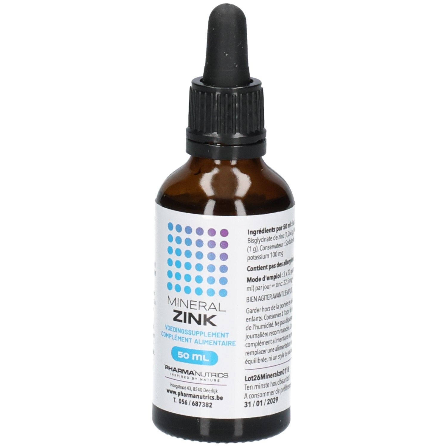 Bouteille avec pipette, étiquette indiquant 'MINERAL ZINK' et '50 ML'.