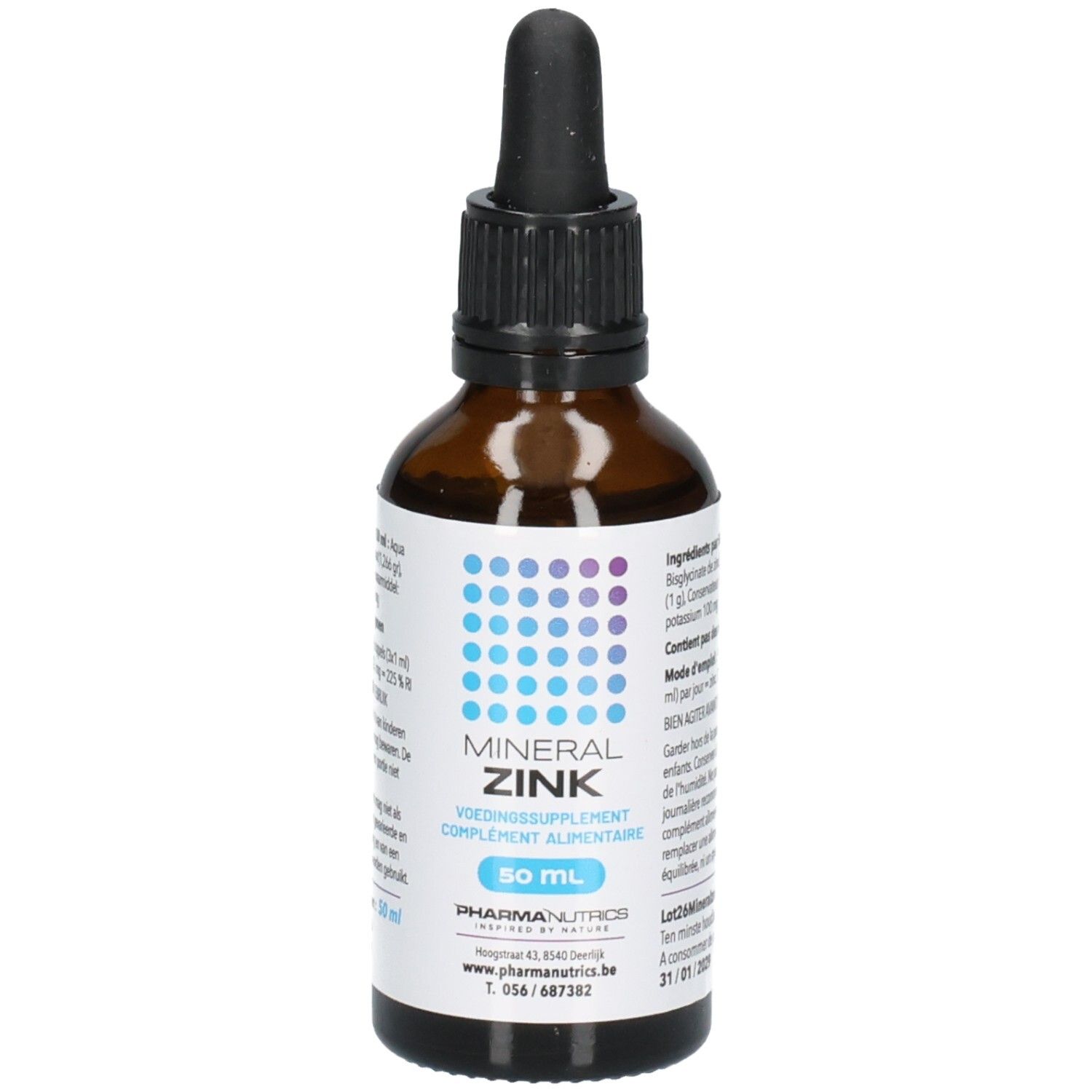 Bouteille avec pipette, étiquette indiquant 'MINERAL ZINK' et '50 ML'.