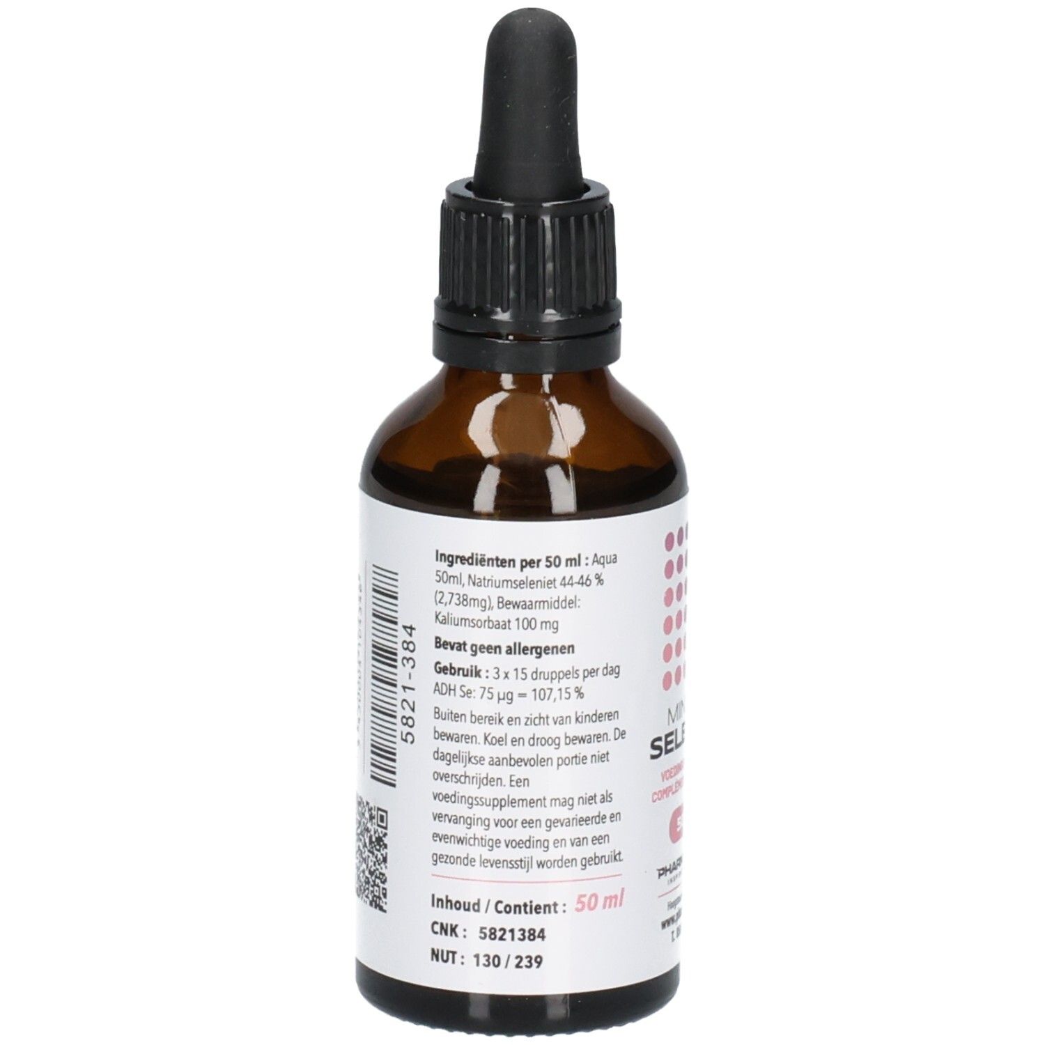 Arrière d'un flacon en verre brun avec pipette, 50 ml, avec informations sur les ingrédients et l'utilisation.