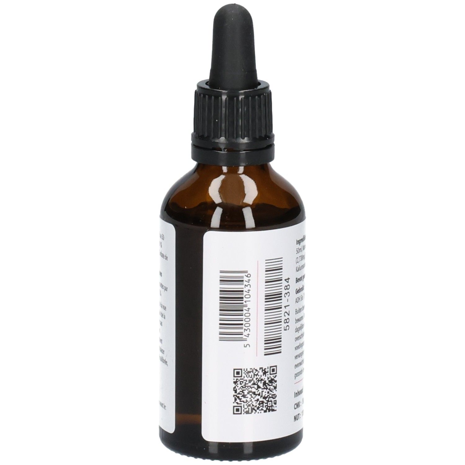 Côté d'un flacon en verre brun avec pipette, 50 ml, avec code-barres et code QR sur l'étiquette.
