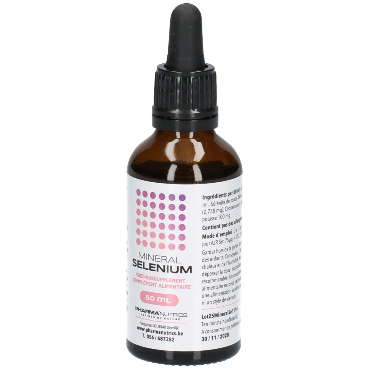 Flacon en verre brun avec bouchon compte-gouttes, 50 ml, étiquette "MINERAL SELENIUM" et instructions d'utilisation.