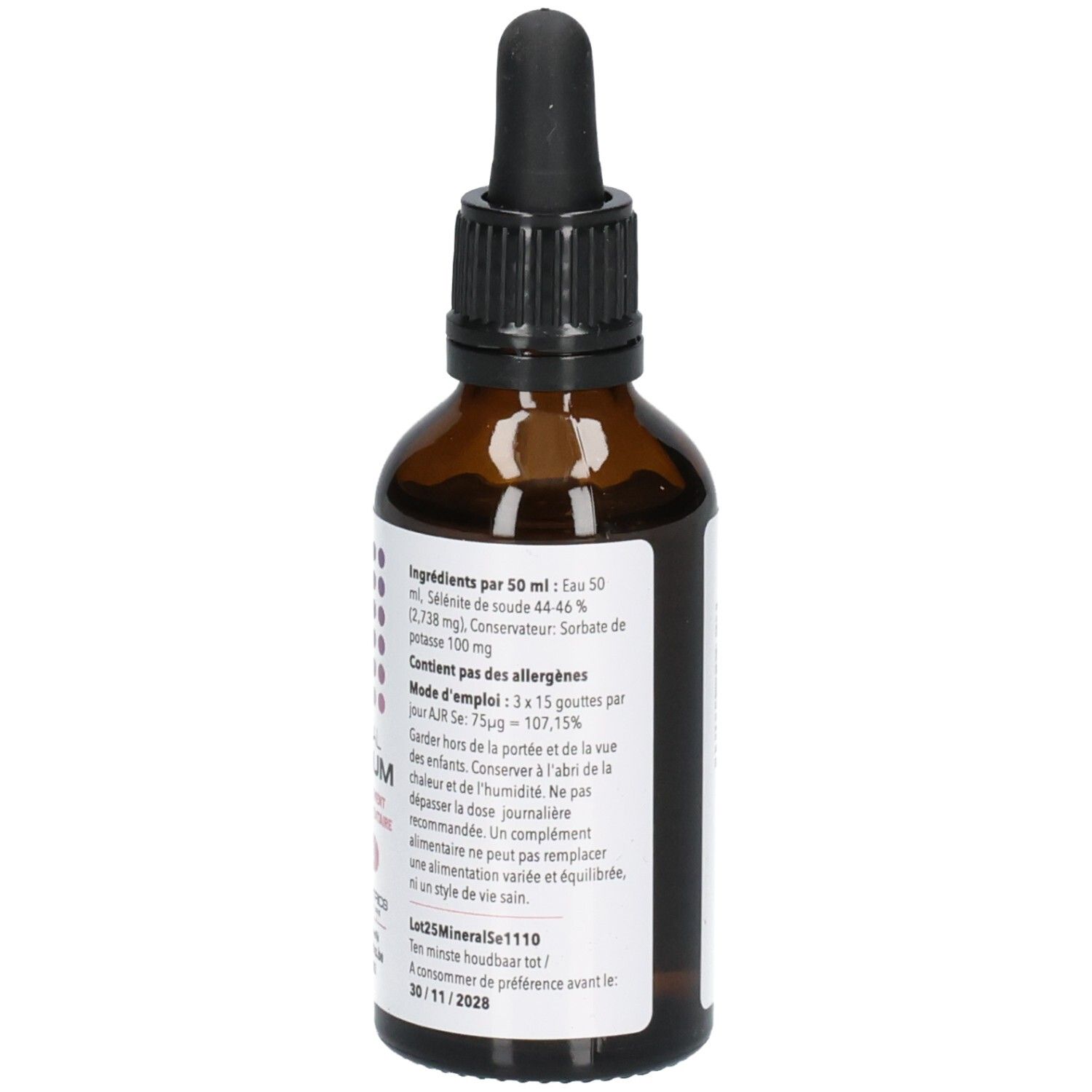 Arrière d'un flacon en verre brun avec pipette, 50 ml, avec informations sur les ingrédients et l'utilisation en français.