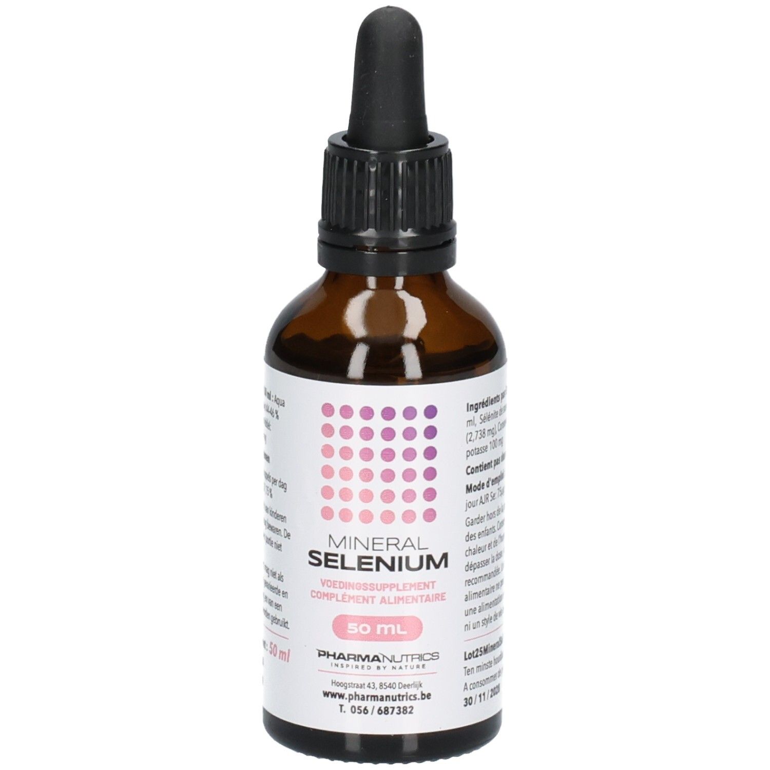 Flacon en verre brun avec bouchon compte-gouttes, 50 ml, étiquette "MINERAL SELENIUM", vue de face.