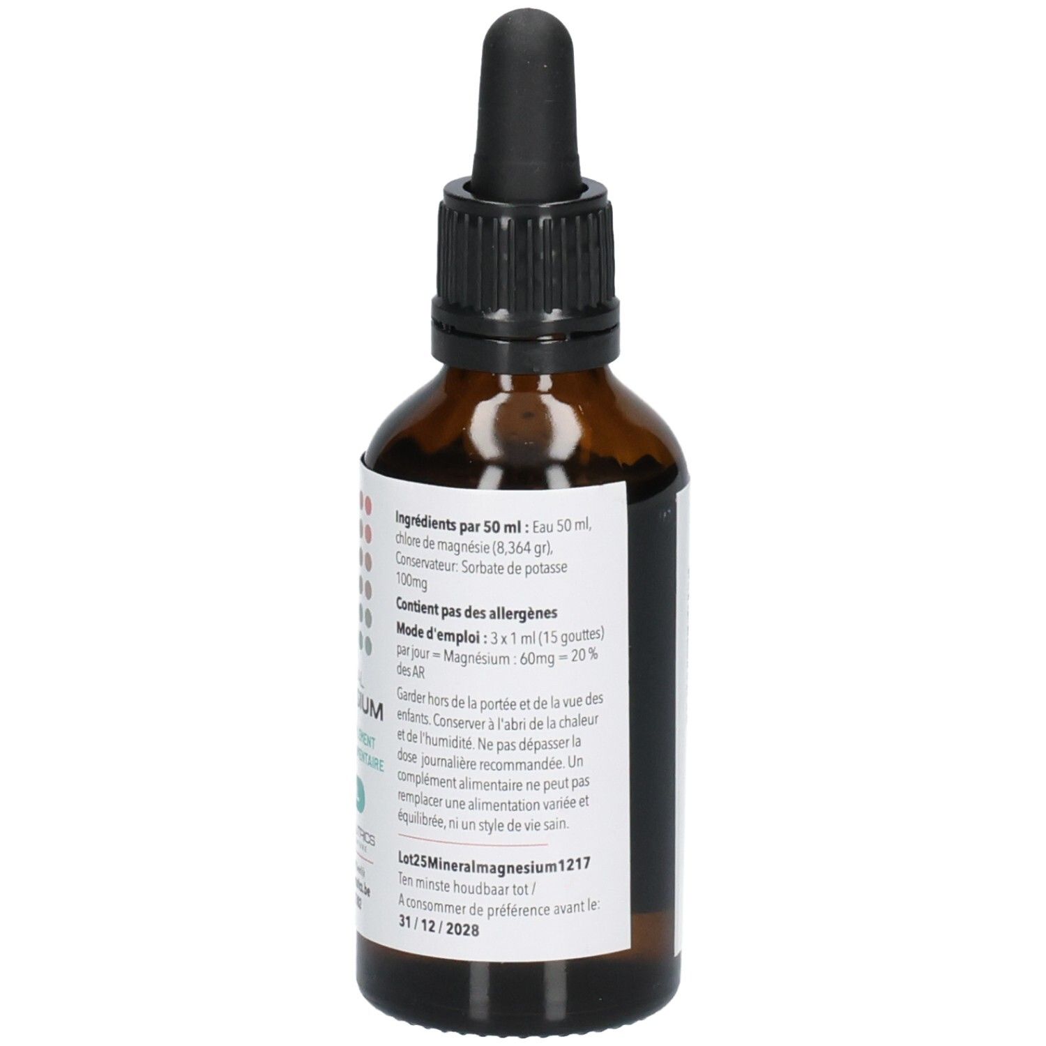 Arrière d'un flacon avec ingrédients et instructions d'utilisation pour "MINERAL MAGNESIUM".