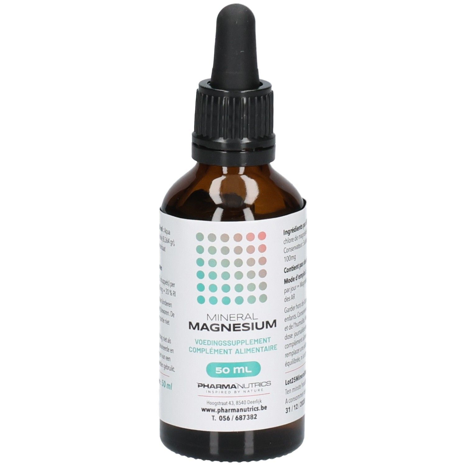 Flacon avec pipette, étiquette "MINERAL MAGNESIUM 50 ML" et informations fabricant.