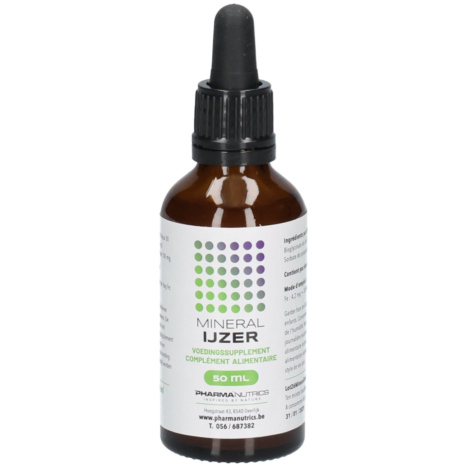 Flacon en verre brun avec bouchon compte-gouttes. Étiquette avec points verts et violets, "MINERAL IJZER 50 ML" et logo Pharmaceutics.