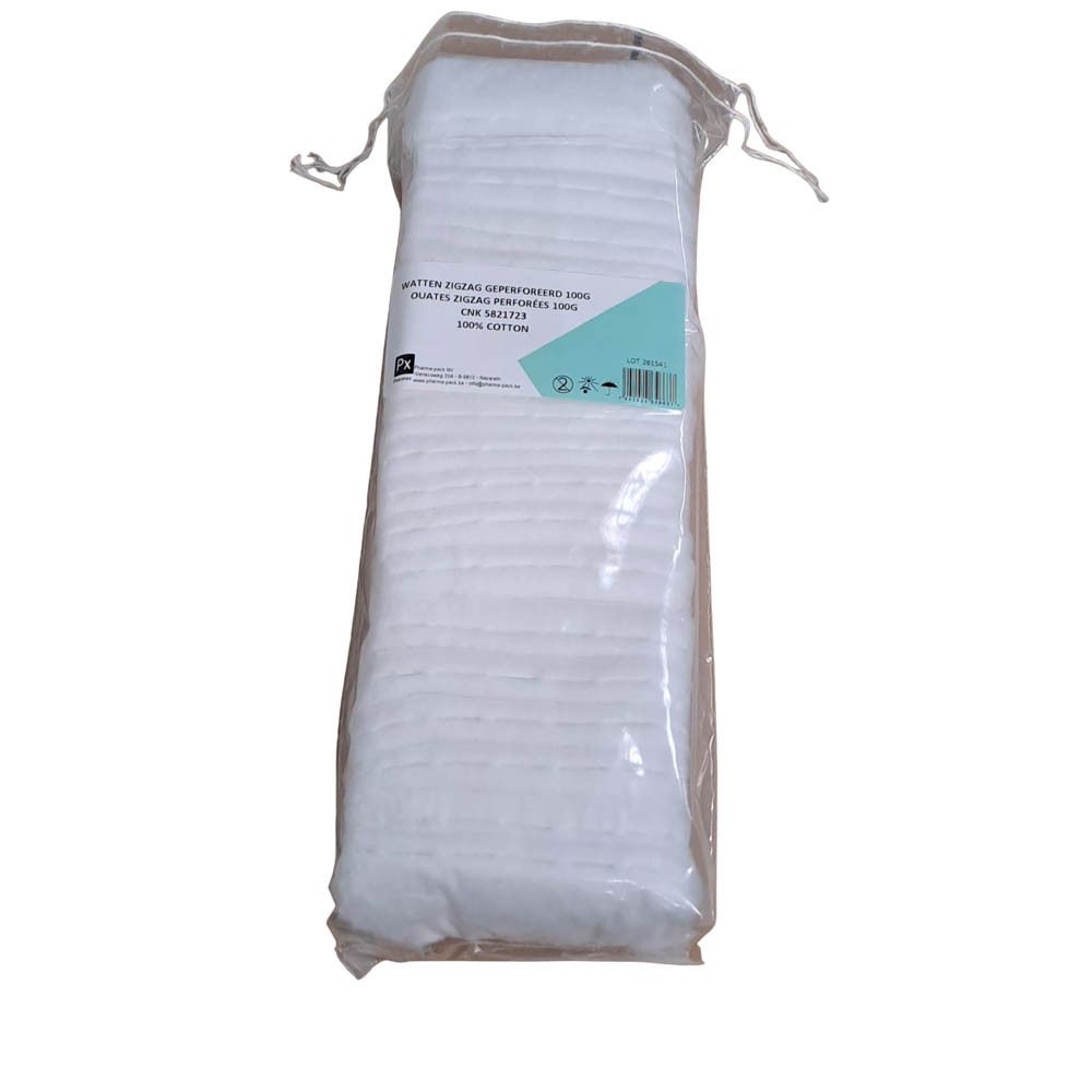Paquet de tampons de coton. Inscription: Watten ZigZag Geperforeerd. 100% coton. Dans un sac transparent.