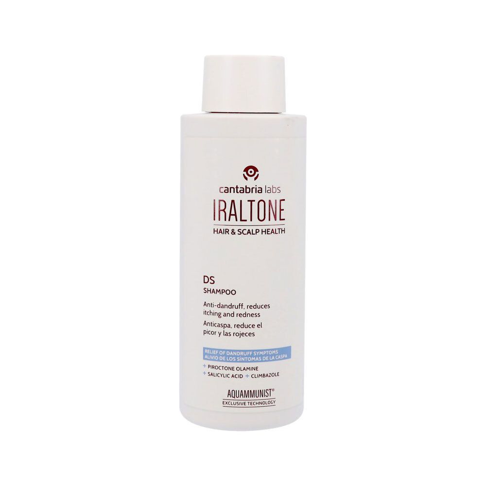 Flacon blanc Iraltone DS Shampoo pour la santé des cheveux et du cuir chevelu. Formule anti-pelliculaire.