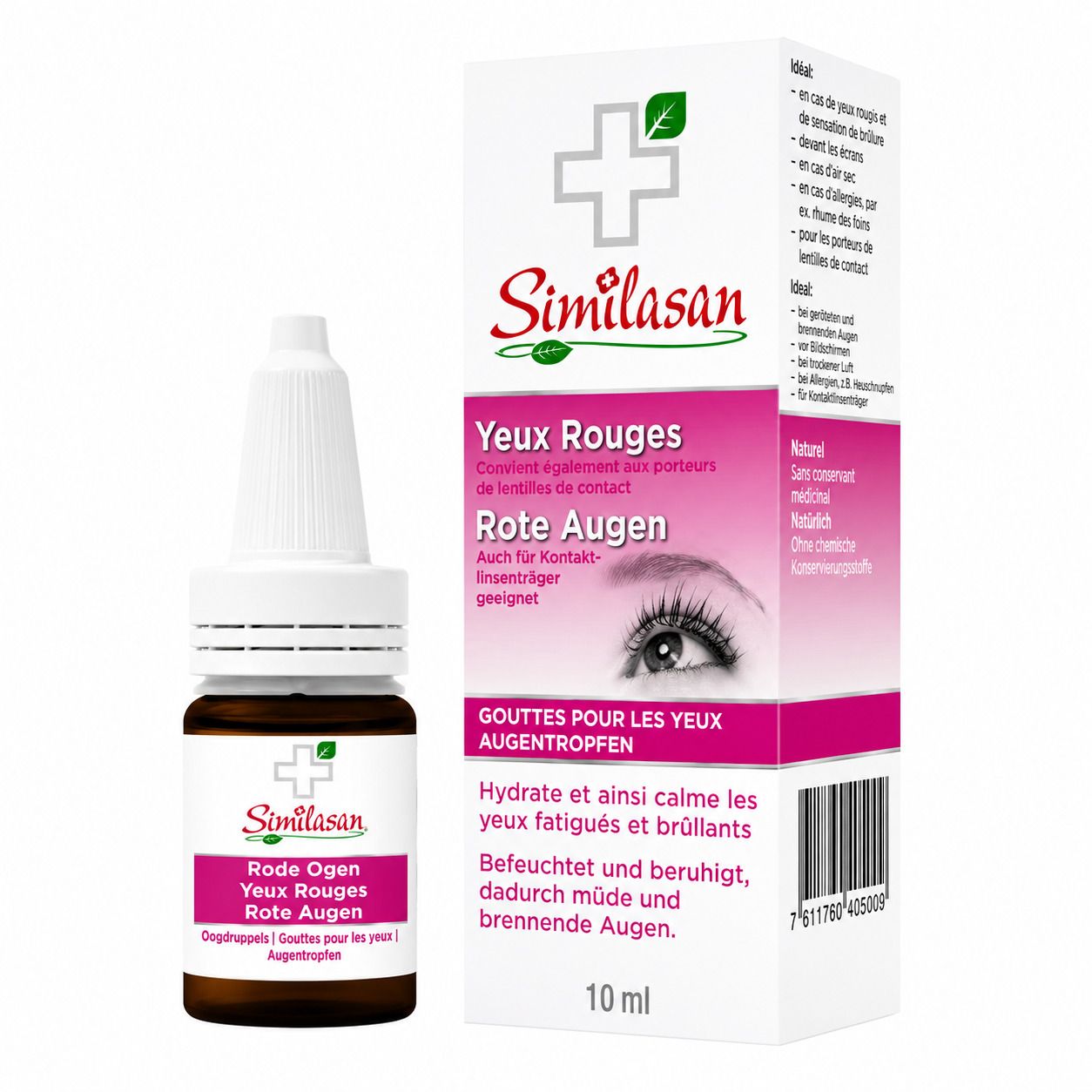Similasan Yeux Rouges Gouttes pour les yeux et emballage. 10ml. Avec image d'un œil.