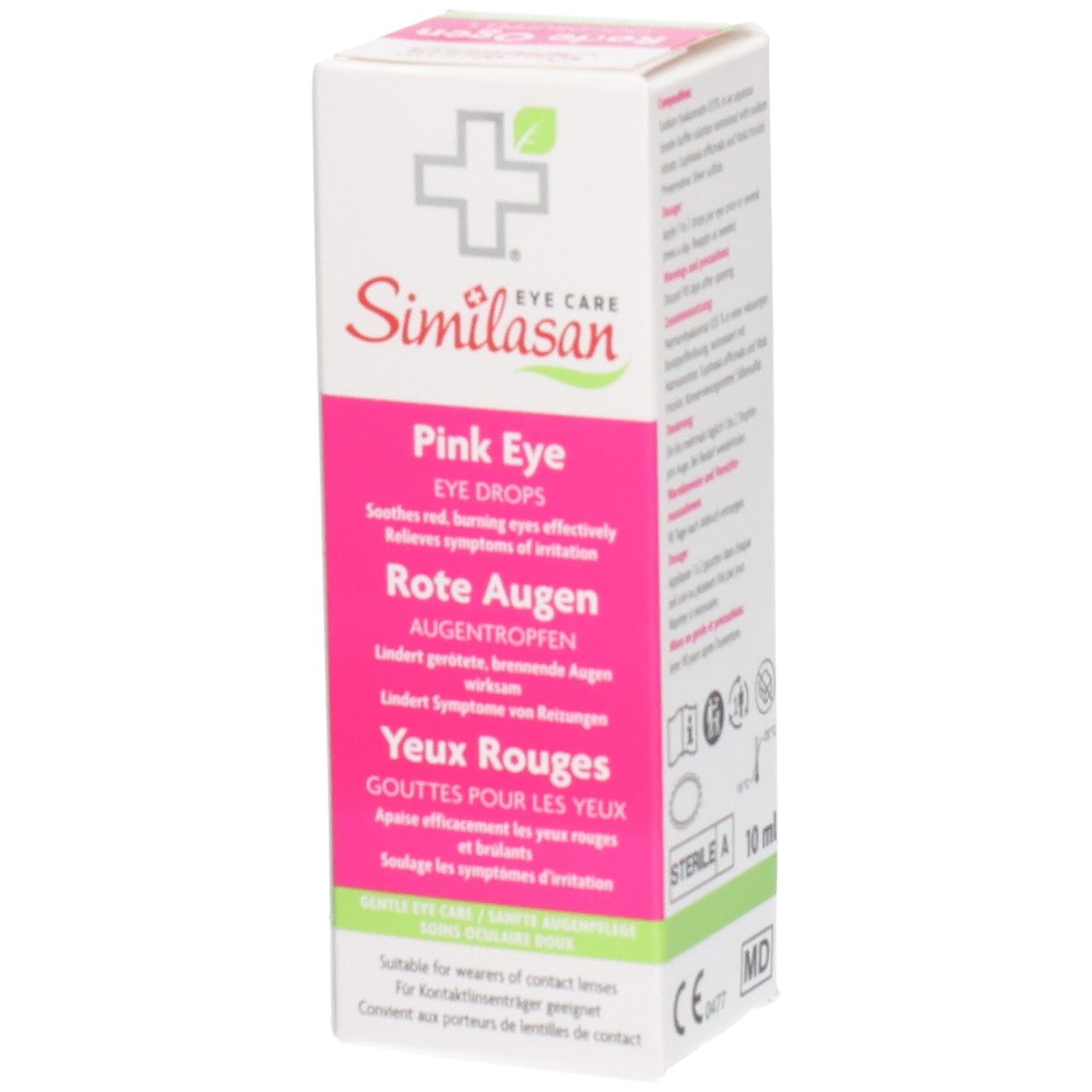 Similasan Yeux Rouges Gouttes pour les yeux emballage. Contient 10ml. Marquages CE et MD.