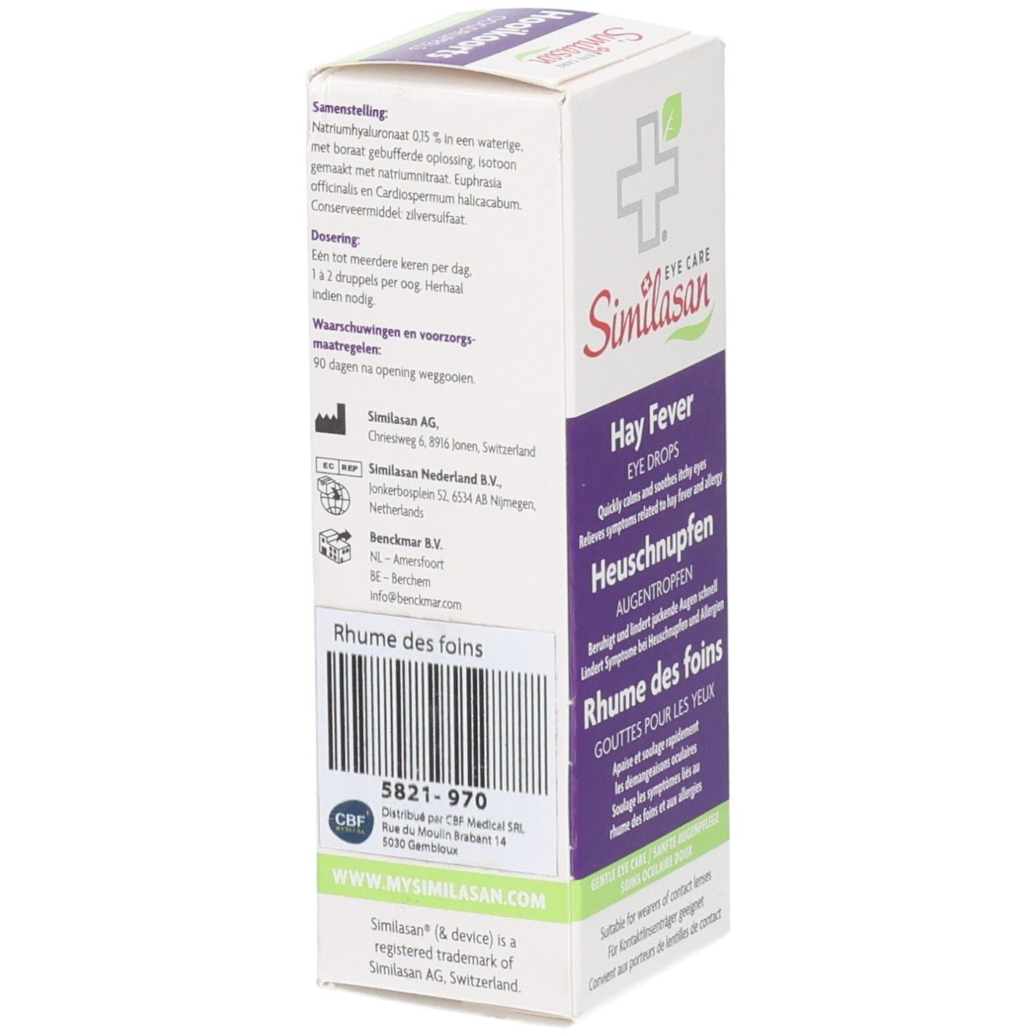 Similasan Rhume des foins Gouttes pour les yeux, emballage arrière avec composition et dosage.